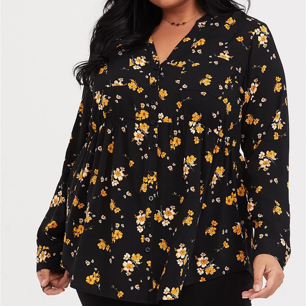 Torrid | Black & Yellow Floral Babydoll Tunic | 00